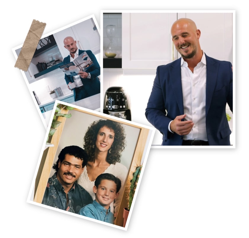 A collage of three overlapping polaroid-style photos: A person in a navy suit examining documents in what appears to be an office setting, the same person in a navy suit and white shirt smiling at the camera in a modern interior space, and a vintage family portrait showing an adult with a mustache, a woman with curly hair, and a young boy in a blue shirt